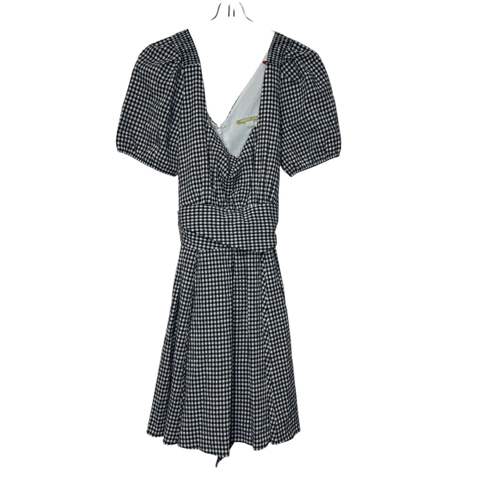 Gianni Bini Womens Mini Dress Ann Puff Sleeve Gingham Black Ivory Babydoll 8 NWT